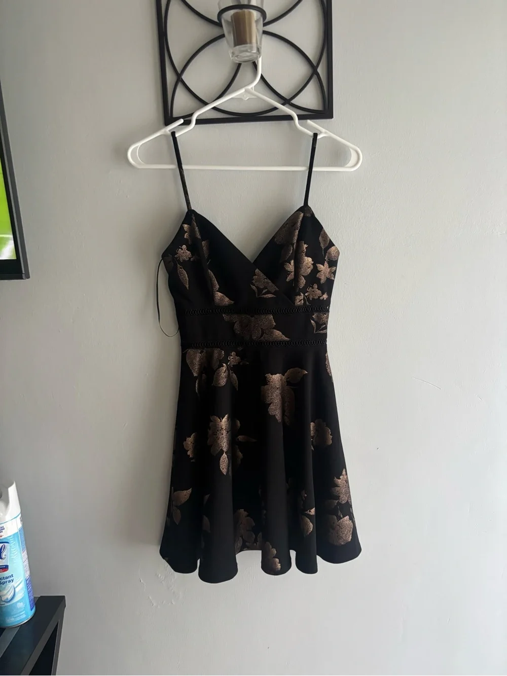 Black Spaghetti Strap Dress with Metallic Floral